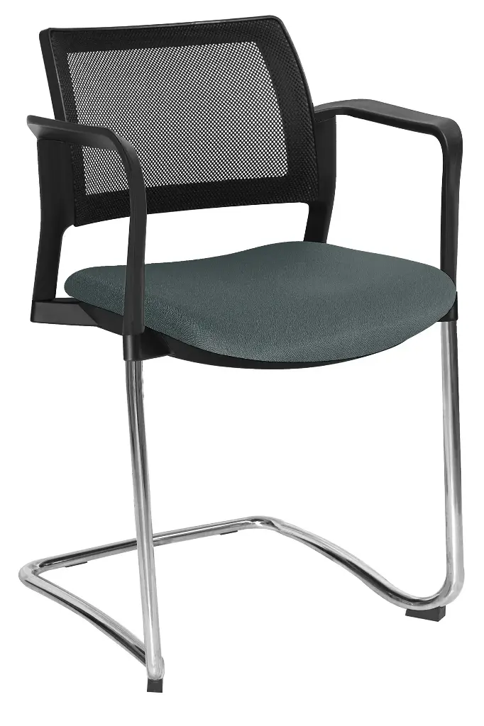 [OHT-376CR] SILLA KYOS CON BRAZOS RESPALDO MALLA NEGRO ASIENTO TAPIZADO TRINEO CROMADO