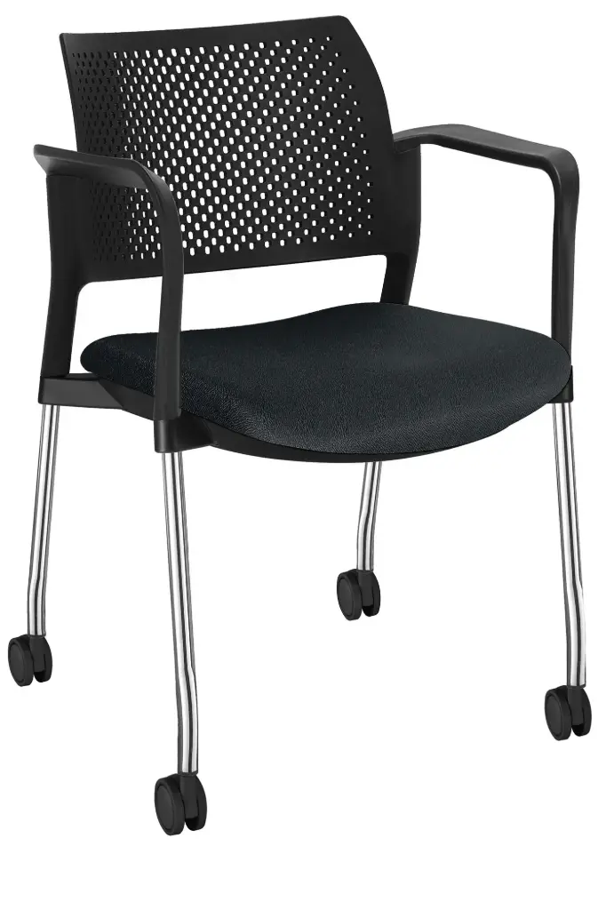 SILLA KYOS TRINEO CROMADO, CON BRAZOS Y RODAJAS, RESPALDO NEGRO ASIENTO TAPIZADO
