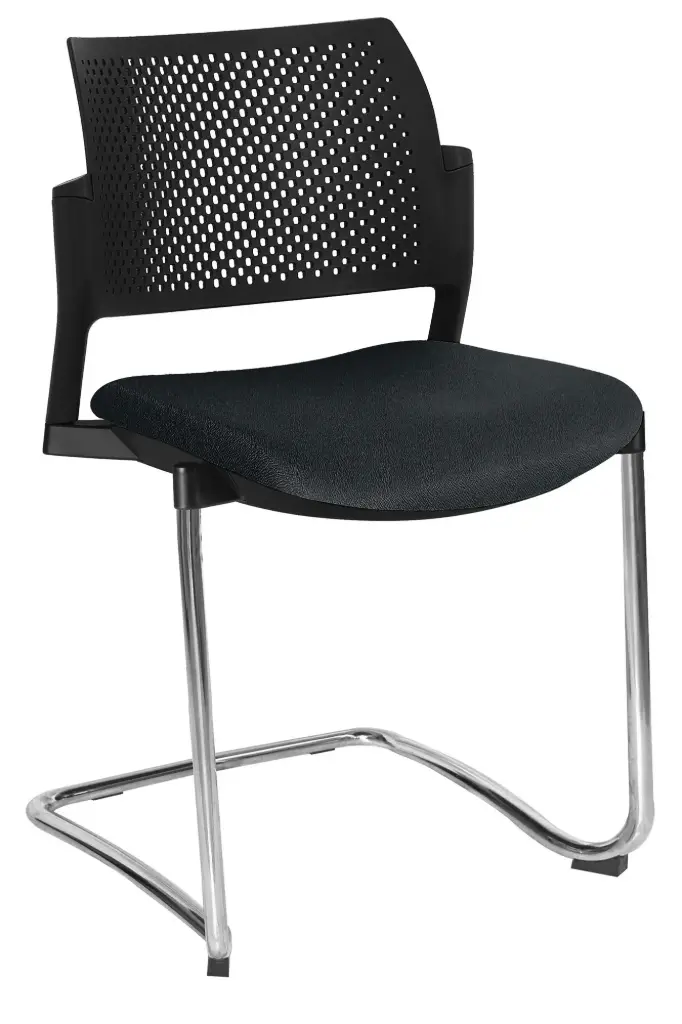 SILLA KYOS TRINEO CROMADO, RESPALDO NEGRO CON BRAZOS ASIENTO TAPIZADO TRINEO