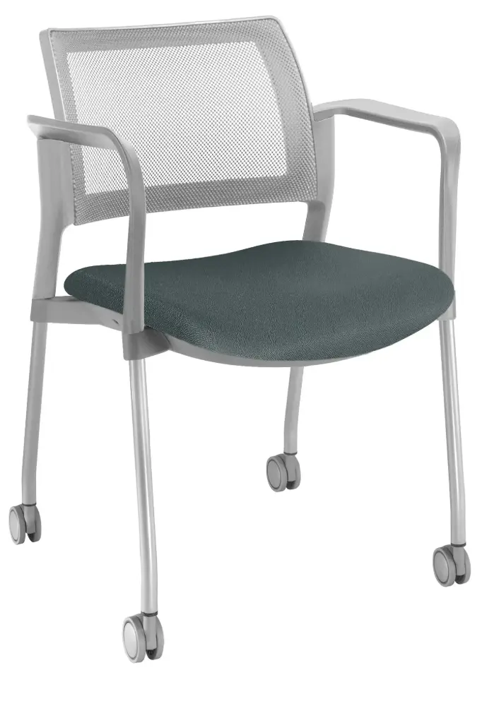 SILLA KYOS ESTRUCTURA GRIS, CON BRAZOS, CON RODAJAS, RESPALDO MALLA GRIS ASIENTO TAPIZADO