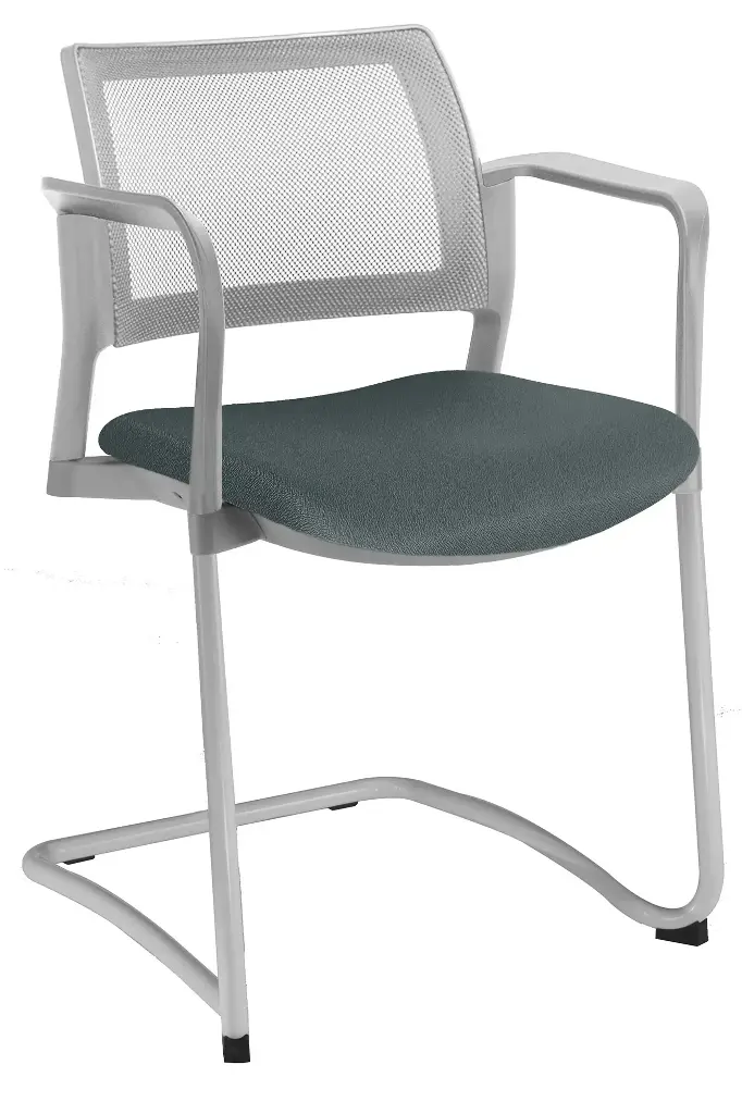 SILLA KYOS TRINEO GRIS, CON BRAZOS, RESPALDO MALLA GRIS ASIENTO TAPIZADO